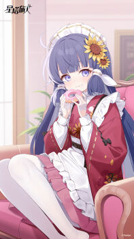 1girl ahoge apron blue_hair chinese_commentary closed_mouth commentary_request couch donut floral_print floral_print_kimono flower food frilled_apron frills gloves hair_flower hair_ornament half_gloves highres holding holding_food japanese_clothes kimono layered_sleeves long_sleeves looking_at_viewer maid maid_headdress miniskirt nanoha_(stella_sora) official_art official_wallpaper on_couch pantyhose pleated_skirt print_kimono purple_eyes red_kimono red_skirt sitting skirt solo stella_sora sunflower sunflower_hair_ornament sunflower_print thighhighs wa_maid white_apron white_flower white_gloves white_pantyhose wide_sleeves yellow_flower