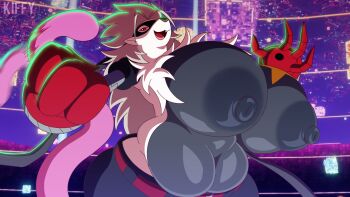 animal_nose belt breasts cyborg dark_areolae digimon digimon_(creature) digimon_beatbreak fat furry furry_female gekkomon highres huge_areolae huge_breasts kiffy long_hair mask navel nipples open_mouth paizuri pants red_eyes smile star_(symbol) tongue tongue_out topless_female white_hair wolvermon