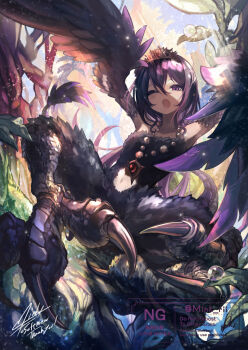 1girl bare_shoulders bird_legs black_feathers black_hair black_wings commentary_request commission dew_drop feathered_wings feathers harpy highres jewelry light_rays long_hair minksama monster_girl navel necklace one_eye_closed open_mouth original outdoors pointy_ears purple_eyes skeb_commission solo sunbeam sunlight talons tiara water_drop winged_arms wings yawning