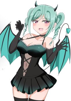 1girl absurdres aqua_hair aqua_wings bare_shoulders black_choker black_dress black_horns black_thighhighs blush braid breasts choker claw_pose cleavage collarbone cowboy_shot demon demon_girl demon_horns demon_tail demon_wings dress elbow_gloves fang frilled_dress frills gloves hands_up highres horns large_breasts lone_nape_hair looking_at_viewer love_live! love_live!_superstar!! matcha_moti_(matcha_427) medium_hair navel onitsuka_tomari open_mouth pink_eyes sidelocks simple_background sleeveless sleeveless_dress smile solo tail thighhighs twin_braids twintails white_background wings