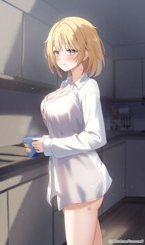 1girl alternate_costume blonde_hair blue_eyes blush bob_cut breasts button_gap chahanramen closed_mouth collared_shirt commentary cup dress_shirt english_commentary from_side hickey highres holding holding_cup hololive hololive_english indoors kitchen large_breasts long_sleeves looking_at_viewer messy_hair naked_shirt partially_unbuttoned see-through_silhouette shirt short_hair sleeves_past_wrists smile solo standing virtual_youtuber watson_amelia white_shirt wooden_floor