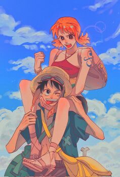 1boy 1girl backpack bag bangle bare_shoulders black_hair blue_shirt blue_sky bracelet brancrokie carrying clenched_hand cloud cloudy_sky collarbone criss-cross_halter facial_scar feet full_body goggles goggles_on_headwear halterneck hand_on_another&#039;s_cheek hand_on_another&#039;s_face hand_on_another&#039;s_leg hand_on_another&#039;s_thigh hat high_heel_sandals highres jewelry looking_at_another low_twintails monkey_d._luffy nami_(one_piece) official_alternate_costume official_alternate_hairstyle one_eye_closed one_piece one_piece:_strong_world open_clothes open_mouth open_shirt orange_hair outdoors sandals scar scar_on_cheek scar_on_face shirt short_hair shoulder_bag shoulder_carry shoulder_tattoo sky straw_hat tattoo teeth toes tongue tongue_out twintails upper_body upper_teeth_only