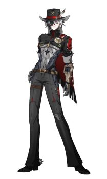 0p78xopwsj83779 1boy absurdres ammunition_belt badge belt belt_buckle black_boots black_eyes black_hair black_hat black_jacket black_pants boothill_(honkai:_star_rail) boots brown_belt buckle bullet bullet_earrings cape closed_mouth commentary cowboy_hat cropped_jacket crossed_bangs crosshair_pupils cyborg earrings full_body gold_earrings hair_over_one_eye hand_on_own_hip hat hat_feather highres honkai:_star_rail honkai_(series) jacket jewelry long_hair looking_at_viewer male_focus mole mole_under_eye multicolored_hair one_eye_covered pants parted_bangs red_cape red_pupils sheriff_badge short_sleeves simple_background single_earring smile solo split_mouth spurs standing streaked_hair symbol-only_commentary symbol-shaped_pupils white_background white_hair zipper_pull_tab
