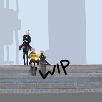 Rule 34 | 10h (nier reincarnation), 2b (nier:automata), 2girls, a2 (nier:automata), black gloves, blindfold, blue eyes, commentary, english commentary, gloves, highres, implied yuri, ipod, long hair, mitsuki nite, mp3 player, multiple girls, musical note, nier:automata, nier (series), nier reincarnation, short hair, white background, white hair