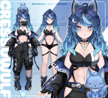 1girl :3 ahoge animal_ears black_bra black_choker black_gloves black_jacket black_nails black_panties black_pants black_shoes blue_background blue_eyes blue_hair bra breasts character_name choker closed_mouth commentary crescent crescent_hair_ornament cressuwulf_(vtuber) english_commentary fingerless_gloves fingernails gloves hair_ornament highres indie_virtual_youtuber jacket jacket_partially_removed keyokku large_breasts long_hair long_sleeves looking_at_viewer multi-strapped_panties multicolored_hair multiple_views nail_polish navel open_clothes open_jacket panties pants parted_bangs shoes smile stomach streaked_hair swept_bangs tail underwear virtual_youtuber wavy_hair wolf_ears wolf_girl wolf_tail