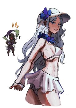 2girls absurdres arms_behind_back baseball_cap blue_eyes casual chibi chibi_inset cropped_legs doll_joints elden_ring elden_ring_nightreign foxxarius hat heart highres joints long_hair md5_mismatch multiple_girls notice_lines recluse_(elden_ring) resolution_mismatch revenant_(elden_ring) solo_focus source_smaller spoken_heart swimsuit white_background