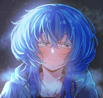 1girl absurdres alternate_costume blue_hair blush closed_mouth collarbone colored_eyelashes commentary english_commentary hair_between_eyes highres hood hood_down long_hair looking_at_viewer portrait purple_eyes shorekeeper_(wuthering_waves) solo tu_thanh wuthering_waves