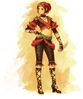 1girl adventurer_(ff11) aiba_ryosuke black_bridal_gauntlets black_choker black_eyes black_pants black_shirt black_shoes bracelet breasts bridal_gauntlets brown_hair capri_pants choker circlet cleavage closed_mouth commentary cropped_shirt dagger dancer dancer_(final_fantasy) final_fantasy final_fantasy_xi flower full_body hair_flower hair_ornament high_heels holding holding_dagger holding_knife holding_weapon hume jewelry knife legs_apart medium_breasts official_art pants ponytail red_flower red_rose rose second-party_source shirt shoes smile solo standing weapon