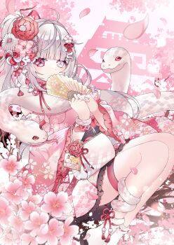 1girl ahoge aoi_yugina cherry_blossoms commission floral_print flower grey_hair hair_flower hair_ornament hand_fan heterochromia highres holding holding_fan japanese_clothes kimono long_hair long_sleeves looking_at_viewer obi original petals pink_eyes pink_flower pink_kimono ponytail red_eyes sash sensitive snake socks solo tabi white_snake wide_sleeves