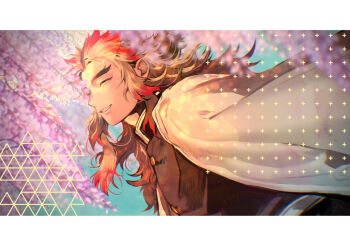 1boy ^_^ belt black_jacket blonde_hair blurry blurry_background blurry_foreground cape closed_eyes colored_tips demon_slayer_uniform depth_of_field flower forked_eyebrows from_side grin hashimoto_(yanagi-momo) jacket japanese_clothes kimetsu_no_yaiba long_hair long_sleeves male_focus multicolored_hair parted_lips purple_flower red_hair rengoku_kyoujurou sidelocks smile solo sparkle streaked_hair teeth thick_eyebrows two-tone_hair upper_body white_belt white_cape wisteria