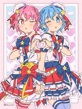 1boy 1girl ;o belt blue_bow blue_eyes blue_hair blue_skirt blue_thighhighs bow braid brother_and_sister commentary_request cowboy_shot crossdressing dorothy_west hat heart heart_hands heart_hands_duo holding_hands idol_clothes layered_skirt looking_at_viewer mole mole_under_eye musical_note non_(im2_non) one_eye_closed open_mouth pink_eyes pink_hair pink_thighhighs pretty_series pripara red_bow red_skirt reona_west sailor_hat shirt short_hair siblings side_braid skirt standing star_(symbol) thighhighs trap twins white_belt white_hat white_shirt