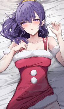 1girl :o alternate_costume asahina_mafuyu bed_sheet blush breasts christmas clothes_lift collarbone commentary dot_nose dress dress_lift fur-trimmed_dress fur_armlet fur_trim groin hair_between_eyes hair_ornament hair_scrunchie half-closed_eyes hands_up high_ponytail highres kunizaki large_breasts long_hair looking_at_viewer lying on_back on_bed orange_scrunchie parted_lips pom_pom_(clothes) ponytail project_sekai purple_eyes purple_hair red_dress santa_costume santa_dress scrunchie short_dress sidelocks sleeveless sleeveless_dress solo strap_pull sweat upper_body