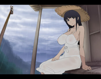 1girl 2channel abubu black_eyes black_hair blush breasts bus_stop covered_erect_nipples dress female_focus hasshaku-sama hat japanese_urban_legends large_breasts long_hair looking_at_viewer nipples no_bra panties rain see-through_clothes sitting smile solo strap_gap sun_hat sundress underwear wet