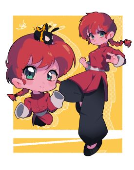 Rule 34 | 1girl, absurdres, bandana, braid, braided ponytail, breasts, chibi, chinese clothes, commentary request, green eyes, highres, p-chan, pig, ranma-chan, ranma 1/2, smile, tangzhuang, watblood, yellow bandana