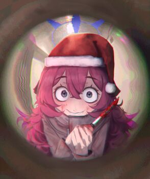 1girl absurdres ahiru_(ahahahahiru) alternate_costume blood blood_on_clothes blood_on_face bloody_knife blue_archive blue_halo christmas commentary_request fluffy_hair grey_halo grin hair_ribbon halo hat highres hood hoodie horror_(theme) indoors iroha_(blue_archive) knife long_hair looking_through_scope red_hair ribbon santa_hat smile solo very_long_hair wide-eyed yandere
