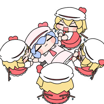&gt;_&lt; 5girls :3 :t =_= ascot bat_wings blonde_hair blue_hair blush_stickers chibi chibi_only clone commentary crystal_wings dress flandre_scarlet four_of_a_kind_(touhou) hat highres mob_cap multiple_girls multiple_persona one_side_up pink_dress pink_hat pulling_arm pulling_leg red_ascot red_skirt red_vest remilia_scarlet siblings simple_background sisters skirt skirt_set touhou v-shaped_eyebrows vest wavy_mouth white_background white_hat wings y75zei