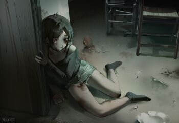 1girl absurdres ashley_graves beaten black_hair blood bra_strap domestic_violence full_body highres indoors long_hair looking_at_viewer meyfbi nosebleed off_shoulder ryona sad short_hair shorts socks solo tagme the_coffin_of_andy_and_leyley