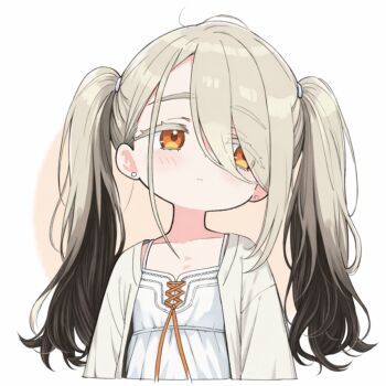 1girl ai-assisted alternate_hairstyle black_hair blonde_hair blush brown_background camisole closed_mouth collarbone cropped_torso earrings flipped_hair gakuen_idolmaster gradient_hair hair_over_one_eye idolmaster jewelry long_hair looking_to_the_side moru_(monaka) multicolored_hair open_clothes open_robe orange_eyes orange_ribbon ribbon robe shinosawa_hiro solo stud_earrings swept_bangs twintails two-tone_background upper_body white_background white_camisole white_robe