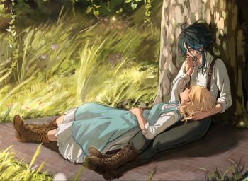 1boy 1girl alternate_costume blonde_hair blue_dress boots commentary couple dress english_commentary full_body genshin_impact green_hair hetero highres kiss kissing_hand lumine_(genshin_impact) multicolored_hair outdoors peatchoune picnic shirt short_hair sleeping sleeping_on_person streaked_hair suspenders tree white_shirt xiao_(genshin_impact)