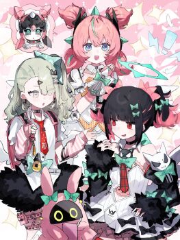 Rule 34 | 3girls, angels of delusion, aqua hair, aqua streaks, aria (zenless zone zero), arm warmers, bandaid, bandaid hair ornament, bangboo (zenless zone zero), bare shoulders, black hair, black skirt, blue eyes, bow, bridal gauntlets, center frills, checkered necktie, clothing cutout, collar, collarbone, colored inner hair, commentary request, detached collar, detached sleeves, dress, earrings, fingerless gloves, frills, fur-trimmed skirt, fur-trimmed sleeves, fur trim, gloves, green bow, green eyes, green hair, green halo, hair bow, hair ornament, halo, highres, jewelry, multicolored hair, multiple girls, multiple hair bows, multiple hair clips, multiple rings, musical note earrings, nangong yu, navel, navel cutout, necktie, noranekogahara, palms together, pink arm warmers, pink background, pink bag, pink bow, pink gloves, pink hair, ponytail, red necktie, ring, shirt, short twintails, skirt, sleeve bow, streaked hair, striped arm warmers, sunna (zenless zone zero), twintails, white bridal gauntlets, white dress, white shirt, white wings, winged bag, wings, zenless zone zero