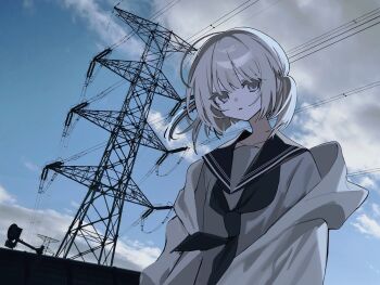 1girl black_sailor_collar cloud highres original outdoors sailor_collar school_uniform serafuku shirt short_hair si_(wooupp) sky solo transmission_tower white_hair white_serafuku white_shirt