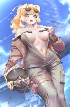 1girl absurdres aircraft airplane animal_ears blonde_hair blue_sky bodysuit bonnie_barkswell dog_ears eufrik eyewear_on_head globie green_eyes helmet highres holding holding_unworn_helmet jacket military_uniform navel no_bra open_clothes pilot_helmet pocket ponytail sky smile unworn_headwear unworn_helmet unzipped yellow_jacket