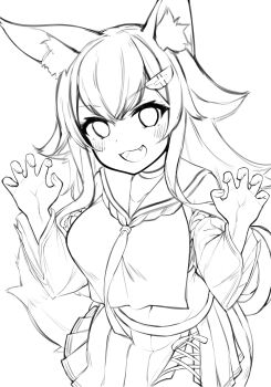 1girl absurdres animal_ear_fluff animal_ears bad_id bad_twitter_id breasts brown_eyes claw_pose deaver fang greyscale hair_ornament hands_up highres hololive large_breasts long_hair looking_at_viewer midriff monochrome navel ookami_mio ookami_mio_(1st_costume) open_mouth revision sailor_collar simple_background sketch skirt solo tail virtual_youtuber white_background white_sailor_collar wolf_ears wolf_tail