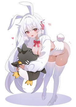 1girl absurdres animal_ears breasts commentary fake_animal_ears fuyuka_(stella_sora) highres large_breasts leotard long_hair playboy_bunny rabbit_ears rabbit_tail red_eyes shrug_(clothing) shusuchii solo stella_sora stuffed_toy symbol-only_commentary tail thighhighs white_hair white_leotard white_thighhighs