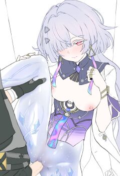 1boy 1girl absurdres alternate_breast_size_(larger) black_gloves blush breasts breasts_apart breasts_out censored clitoris closed_mouth colored_eyelashes commentary daram_(shappydude) dress earrings flat_color gloves grey_hair hair_intakes hair_ornament hair_over_one_eye hand_up hands_up hetero highres jacket jewelry leg_lift long_hair male_rover_(wuthering_waves) medium_breasts mornye_(wuthering_waves) mosaic_censoring multiple_rings nipples penis prosthesis purple_dress pussy red_eyes ring rover_(wuthering_waves) see-through_body sex solo_focus thighs triangle_earrings unfinished vaginal white_jacket wuthering_waves