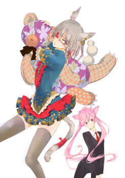 Rule 34 | 1boy, 1girl, animal ears, aoyagi ritsuka, black hair, black suit, black thighhighs, blue dress, cat boy, cat ears, cat girl, cat tail, center frills, crossdressing, crossdressing (ftm), crossdressing (mtf), dress, earrings, extra ears, eyepatch, formal clothes, frilled dress, frills, hawatari yuiko, holding, holding stuffed toy, jewelry, kouga yun, large teddy bear, long hair, looking at viewer, loveless, official artist extra, pink hair, puffy short sleeves, puffy sleeves, short hair, short sleeves, simple background, smile, stuffed animal, stuffed toy, suit, tail, teddy bear, thighhighs, trap, twintails, white background, zettai ryouiki
