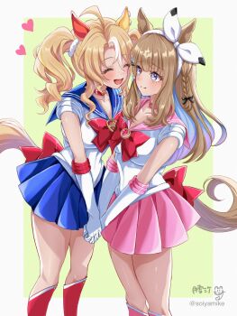 2girls ^_^ almond_eye_(umamusume) alternate_costume animal_ears bishoujo_senshi_sailor_moon blonde_hair blue_eyes blue_sailor_collar blue_skirt border bow bow_hairband bowtie braid breasts brown_hair brown_tail choker closed_eyes closed_mouth colored_inner_hair commentary_request cross-shaped_pupils elbow_gloves feet_out_of_frame fusaichi_pandora_(umamusume) gloves hair_ornament hairband hairclip heart highres holding_hands horse_ears horse_girl horse_tail looking_at_another multicolored_hair multiple_girls open_mouth outside_border paid_reward_available pink_choker pink_sailor_collar pink_skirt red_bow red_bowtie red_choker sailor_collar sailor_senshi sailor_senshi_uniform sailor_shirt shirt side_braid simple_background skirt smile standing streaked_hair symbol-shaped_pupils tail tail_bow tail_ornament too_many_hair_ornaments tsukiyuki_mike twintails umamusume white_border white_bow white_gloves white_hair white_shirt white_streaks yellow_background yellow_tail