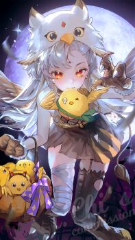 1girl akahane_aya bandaged_leg bandages bare_shoulders bat_(animal) bird blush dress full_moon gloves grey_hair halloween highres holding i.chi indie_virtual_youtuber long_hair looking_at_viewer moon night red_eyes sensitive single_thighhigh solo tail thighhighs torn_clothes torn_thighhighs