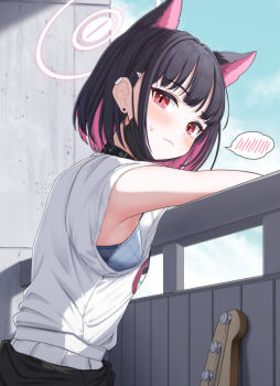 1girl animal_ears armpits black_hair blue_archive blue_bra blush bra cat_ears closed_mouth colored_inner_hair commentary_request cowboy_shot from_side halo kazusa_(band)_(blue_archive) kazusa_(blue_archive) looking_at_viewer looking_to_the_side mask mask_pull mouth_mask multicolored_hair pink_eyes shirt shirt_tucked_in short_hair short_sleeves skirt solo speech_bubble spoken_blush standing sweat tamainoniwa underwear white_halo white_shirt white_skirt wide_sleeves wispy_bangs
