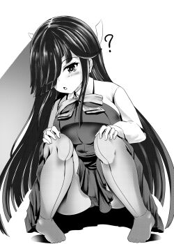 1girl ? alternate_breast_size_(larger) asymmetrical_bangs blunt_ends blush bow bowtie clothes_between_thighs collared_shirt commentary_request convenient_skirt dress dress_shirt em_denpani front-seamed_legwear full_body greyscale hair_over_one_eye hair_ribbon half_updo halter_dress halterneck hayashimo_(kancolle) highres kantai_collection long_hair long_sleeves looking_at_viewer monochrome no_shoes open_mouth panties pantyhose pantyshot ribbon school_uniform seamed_legwear shirt solo squatting underwear very_long_hair