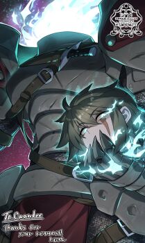 1girl armor belt_buckle bilingual_commentary black_armor black_hair blue_eyes blue_fire buckle choppy_bangs closed_mouth commentary commission cowboy_shot disembodied_head dullahan english_commentary eye_trail fire flaming_eye glowing glowing_eyes hair_between_eyes head_on_hand highres holding_detached_head knife knife_sheath light_trail looking_at_viewer matsumoto_tomoyohi mixed-language_commentary original scar scar_across_eye scar_on_face sheath sheathed short_hair skeb_commission solo