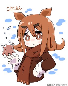 1girl 2025 blush_stickers bright_pupils brown_scarf brown_sweater closed_mouth cropped_torso dated dokuta funamusea hand_on_own_hip highres jaggy_lines minero_(funamusea) oounabara_to_wadanohara orange_eyes orange_hair scarf short_hair signature squid sweater translation_request upper_body white_background white_pupils