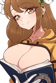 1girl absurdres boobs_in_book_(meme) breasts brown_eyes brown_hair cleavage closed_mouth commentary fire_emblem fire_emblem_engage gloves goldmary_(fire_emblem) highres large_breasts long_hair looking_at_viewer meme mole mole_on_breast nintendo paid_reward_available patreon_logo patreon_username scrimblocrimbo simple_background smile solo upper_body white_background white_gloves