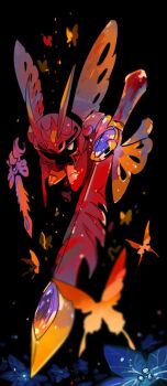 armor black_background blue_flower bug butterfly butterfly_wings commentary_request fake_horns floating flower holding holding_sword holding_weapon horned_mask horns huge_weapon insect insect_wings kirby_(series) light_particles mask morpho_knight nintendo no_humans pauldrons protected_link red_mask red_shoes sabaton shoes shoulder_armor sirasudon3 solo sword weapon wings