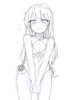 breasts casual_one-piece_swimsuit choker commentary_request cosplay covering_crotch covering_privates cowboy_shot criss-cross_halter embarrassed flower frilled_one-piece_swimsuit frills hair_flower hair_ornament hairband hairclip halterneck highleg highleg_one-piece_swimsuit highres kantai_collection long_hair looking_at_viewer one-piece_swimsuit original sagiri_(kancolle) sagiri_(kancolle)_(cosplay) sagiri_(swimsuit)_(kancolle) side-tie_swimsuit small_breasts swept_bangs swimsuit tatahai