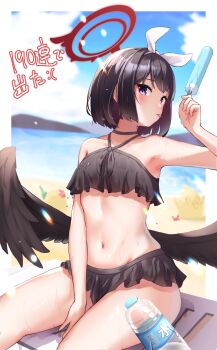 Rule 34 | 1girl, armpits, beach, bikini, black bikini, black hair, black wings, blue archive, blue sky, blurry, blush, bottle, breasts, commentary request, day, depth of field, feathered wings, food, frilled bikini, frills, halo, headband, highres, holding, holding food, holding popsicle, kry oekk, looking at viewer, mashiro (blue archive), mashiro (swimsuit) (blue archive), navel, ocean, official alternate costume, outdoors, partial commentary, popsicle, purple eyes, red halo, short hair, sitting, sky, small breasts, solo, sweat, swimsuit, tongue, tongue out, translation request, water bottle, winged halo, wings
