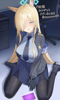 1girl animal_ear_fluff animal_ears armband black_footwear black_gloves black_jacket black_pantyhose blonde_hair blue_archive blue_armband blue_eyes blue_necktie breasts chair commission computer desk dog_ears dog_girl extra_ears gloves hair_over_one_eye hand_on_own_chest highres hypnosis indoors jacket kanna_(blue_archive) large_breasts long_hair mind_control necktie office office_chair on_ground open_clothes open_jacket pantyhose pencil_skirt police police_uniform policewoman px-tea sharp_teeth sidelocks sitting skeb_commission skirt solo swivel_chair teeth wariza