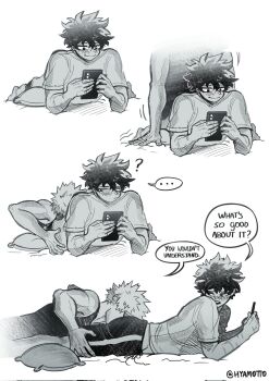 awkward bakudeku bakugou_katsuki barefoot blush boku_no_hero_academia casual cellphone embarrassed face_in_ass feet freckles hyamotto legs lying lying_on_ass messy_hair midoriya_izuku nervous on_stomach phone pillow scar shirt shorts speech_bubble spiked_hair yaoi