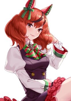 Rule 34 | 1girl, akatsuki (kuon), animal ears, black dress, blush, bow, bowtie, breasts, brown eyes, brown hair, closed mouth, commentary request, diagonal-striped bow, dress, ear bow, ear covers, green bow, green bowtie, horse ears, horse girl, horse tail, juliet sleeves, long sleeves, looking at viewer, medium breasts, medium hair, multicolored hair, nice nature (poinsettia ribbon) (umamusume), nice nature (umamusume), pinafore dress, puffy sleeves, sleeveless, sleeveless dress, smile, solo, streaked hair, striped bow, striped bowtie, striped clothes, tail, twintails, umamusume