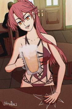 1girl :d alcohol artist_name bar_(place) bare_shoulders beer beer_mug chair collarbone commentary cross-laced_underwear cup double-parted_bangs eiyuu_densetsu english_commentary hair_between_eyes highres indoors long_hair mug open_mouth pink_hair revealing_clothes sara_valestein sen_no_kiseki_(series) sen_no_kiseki_i slamming_table sleeveless smile solo_focus table tsurime ultraracs underwear upper_body v-shaped_eyebrows wooden_chair wooden_door wooden_floor wooden_table yellow_eyes