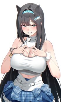 1girl animal_ears black_hair blue_skirt blush bracelet breasts cat_ears cleavage cleavage_cutout clothing_cutout commentary extra_ears fingernails fish_hair_ornament four-finger_heart_hands goddess_of_victory:_nikke hair_ornament headset heart heart_hands highres jewelry large_breasts long_hair looking_at_viewer mint_(nikke) mole mole_on_breast nail_polish shirt skirt sleeveless sleeveless_shirt smile solo straight_hair very_long_hair white_shirt ziroqon