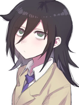 1girl :/ absurdres bags_under_eyes black_hair commentary_request green_eyes hair_between_eyes highres jacket koma_neko kuroki_tomoko necktie purple_necktie school_uniform shirt solo upper_body watashi_ga_motenai_no_wa_dou_kangaetemo_omaera_ga_warui! white_shirt yellow_jacket