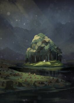 deer glowing green_theme island landscape light_particles mountainous_horizon no_humans original outdoors painterly polar_opposites river scenery subsurface_scattering tree tree_stump zandra