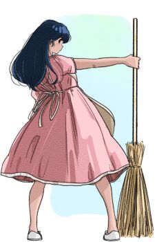 1girl apron blue_background blue_hair broom dress from_behind highres looking_back maison_ikkoku non-web_source otonashi_kyouko pink_dress poppowerhearts simple_background solo
