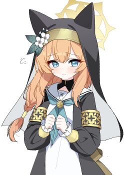 1girl animal_ears black_jacket blue_archive blue_eyes blue_neckerchief braid closed_mouth commentary dress flower halo hands_up highres jacket lmg7811 long_hair long_sleeves mari_(blue_archive) neckerchief orange_hair puffy_long_sleeves puffy_sleeves sailor_collar simple_background smile solo white_background white_dress white_sailor_collar yellow_halo