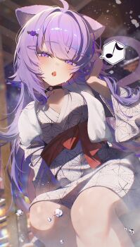 alternate_costume animal_ears black_choker cat_ears cat_girl choker highres hololive japanese_clothes kimono long_hair looking_at_viewer musical_note nekomata_okayu o-ring o-ring_choker open_mouth purple_eyes purple_hair solo spoken_musical_note very_long_hair virtual_youtuber white_kimono yusha_(lv1_yusha_522)